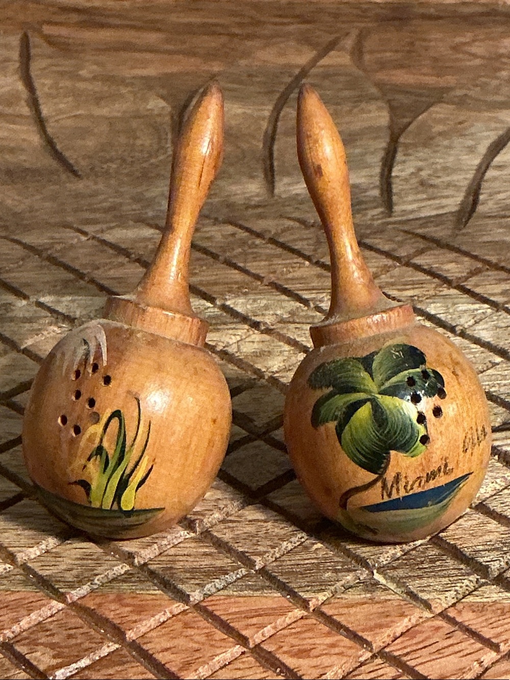 Hand-Painted Wooden Salt & Pepper Shakers - Tropical Motif (Miami)